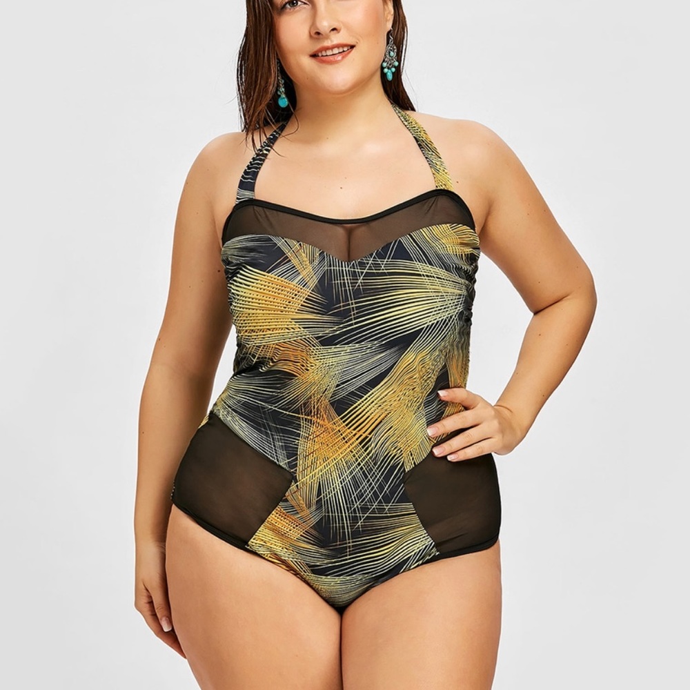 Mesh Panel Halter Plus Size Print Swimwear